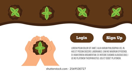 Website Log In Page with Hands Planting Sprouts. Nature preservation and planting concept vector art, graphic design elements and resources