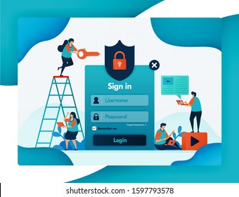 website login template for protecting user account security, secure and protection for privacy and firewall encryption for user safety, password and username. vector design flyer poster mobile apps