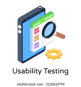 Website with magnifier denoting isometric icon of usability testing 

