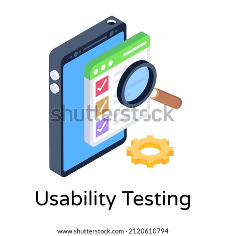 Website with magnifier denoting isometric icon of usability testing 

