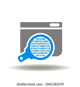 Website And Magnifier With Digital Numbers Zero One Vector Illustration. Meta Data Analysis Icon. Metadata Search And Processing Symbol.