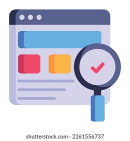 Website with magnifier, flat style icon of web testing 