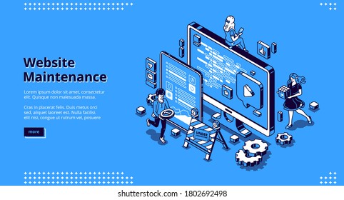 Website Maintenance Banner. Concept Of Update Internet Software, Development And Management Webpages. Vector Landing Page Of Site Under Construction With Isometric Working People And Computer Screen