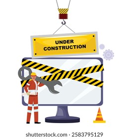 Website maintenance concept with a worker in a construction suit in front of big screen. Under Construction shield.