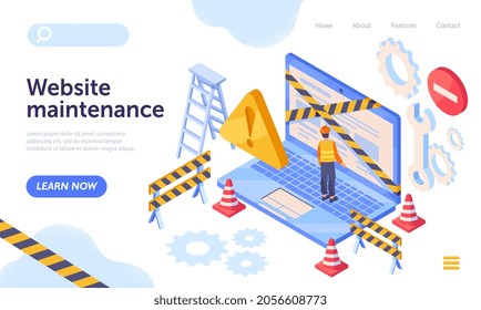 Website maintenance. Man in uniform standing on laptop and troubleshooting website or program. Technical support. Landing page. Cartoon isometric vector illustration isolated on white background