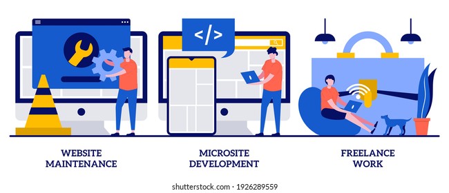 Website maintenance, microsite development, freelance-work concept with tiny people. Web design, programming and coding idea abstract vector illustration set. Remote job, freelancer metaphor.