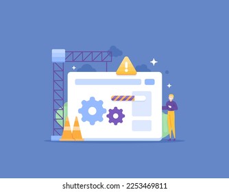 Mantenimiento y reparación del sitio web. el proceso de desarrollo y actualización del sistema en el sitio web y el software. desarrollador de sitios web. solución de problemas y tecnología. diseño de concepto de ilustración. vector