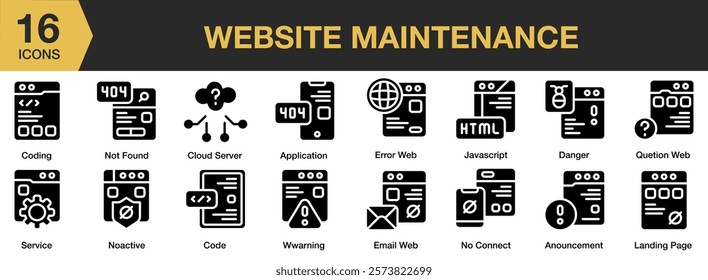 Website Maintenance solid icon set. Includes maintenance, website, repair, web, service, internet, and More. Solid icons vector collection.