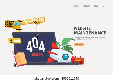 Website Maintenance Vector illustration Flat Design. Website under construction concept. civil engineer, crane and laptop.