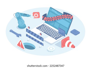 Website maintenance. Web page under construction. System update, bugs fixing. Vector illustration in 3d design. Isometric web banner.	
