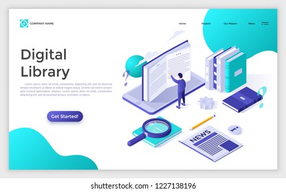 Website with male character touching giant book standing on smartphone screen and place for text. Digital library, mobile app for reading. Modern design template. Isometric vector illustration.