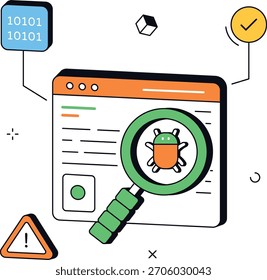 Website-Malware-Erkennung mit einer Lupe, die nach Computerviren und Schwachstellen sucht. Geeignet für Cybersecurity, Antivirus oder Threat Detection Konzepte. isometrischer flacher Vektor.