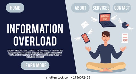 Website with man distracts himself from information overload vector illustration.
