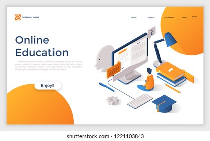 Website with man sitting in front of giant computer screen, graduation cap, books. Concept of prospects and opportunities in online education. Modern design template. Creative vector illustration.
