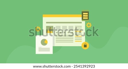 Website management system, Website CMS software, CMS installed in the web server, Add, edit delete content from the website - vector illustration background with icons