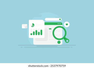 Website marketing analysis report, Website analytics tool, SEO optimization software, Business data monitoring - vector illustration with icons
