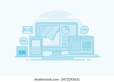 Sitio web de análisis de marketing. Tráfico de Sitio web, SEO, Email, Marketing móvil, Campaña de redes sociales - fondo de Ilustración vectorial de línea delgada