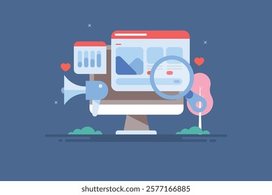 Website marketing concept, Website marketing campaign analysis, Website Traffic sources, Digital marketing network - vector illustration background with icons