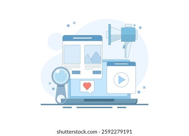 Website Marketing Concept, Digital marketing strategy, Promoting website in search engines and social media, SEO, Social media marketing, flat vector illustration on background.