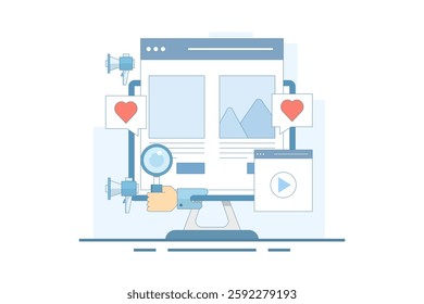 Website Marketing Concept, Digital marketing strategy, Promoting website in search engines and social media, SEO, Social media marketing, flat vector illustration on background.