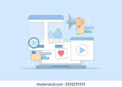 Website Marketing Concept, Digital marketing strategy, Promoting website in search engines and social media, SEO, Social media marketing, flat vector illustration on background.
