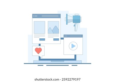 Website Marketing Concept, Digital marketing strategy, Promoting website in search engines and social media, SEO, Social media marketing, flat vector illustration on background.