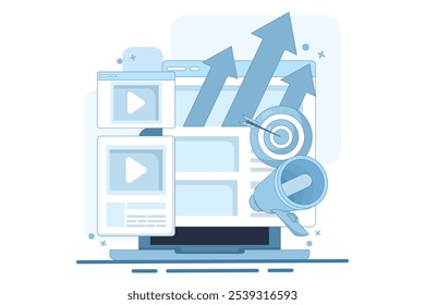 Concepto de marketing de Sitio web Video, SEO, análisis, redes sociales, marketing, estrategia de marketing digital, marketing de contenido de Búsqueda Video, promoción. Ilustración vectorial de diseño plano.
