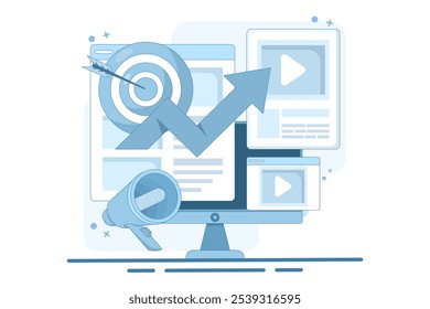 Website marketing concept, SEO, analytics, Social media, Video marketing, Digital marketing strategy, Search Content marketing, Video promotion. Flat design vector illustration.