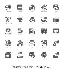Website-Marketing-Ikonenpaket für Ihre Website, Ihr Handy, Ihre Präsentation und Ihr Logo-Design. Website Marketing Symbol Glyphe Design. Vektorgrafik-Illustration und bearbeitbarer Strich.