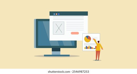 Análise de relatório de marketing do site, Pessoas de negócios trabalhando em dados do site, Relatório personalizado do site - ilustração vetorial com ícones e caractere