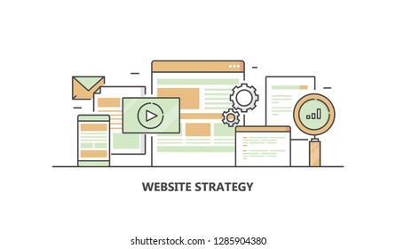 Website marketing - Search optimization - Digital Strategy - flat line vector banner with icons