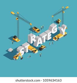 Website marketing strategy creation 3d isometric vector concept with workers and crane. Strategy business isometric illustration
