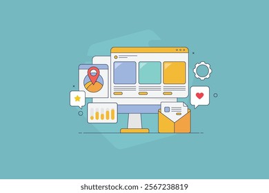 Website marketing strategy, Digital content marketing promoting website, Email ad campaign, SEO, Social media marketing, Ad analytics - vector illustration with icons