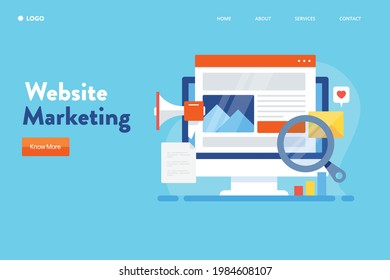 Website marketing strategy, digital marketing, SEO, Social media marketing, content marketing - conceptual flat design vector landing page