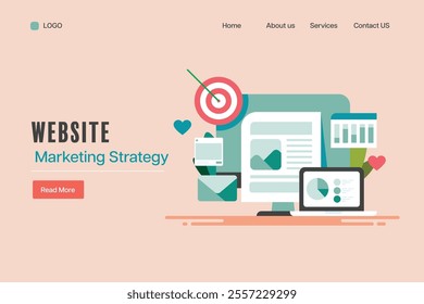 Website marketing strategy, Email campaign, Social media promotion, Target marketing, Website content marketing - vector illustration landing page template