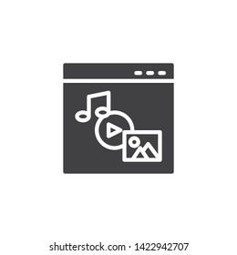 Website media gallery vector icon. filled flat sign for mobile concept and web design. Browser window with media player glyph icon. Symbol, logo illustration. Vector graphics