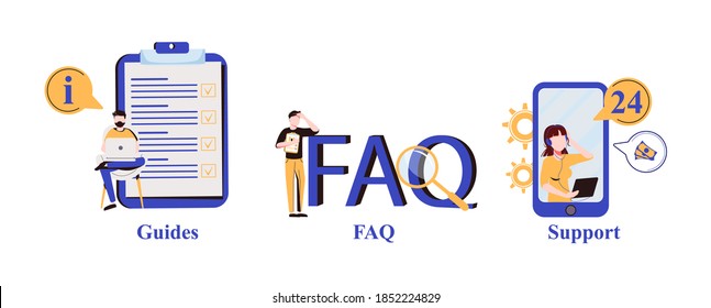 Conjunto de ilustraciones vectoriales abstractas de la barra de menús del sitio web. Guías, preguntas frecuentes y secciones de la página de inicio de soporte técnico. Información de la empresa, interfaz de usuario, elemento de interfaz de usuario, ayuda al cliente, contacte con nosotros como metáfora abstracta.