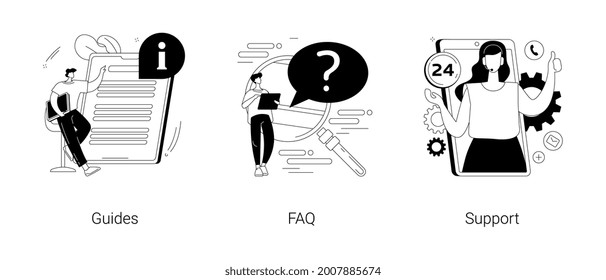 Website menu bar abstract concept vector illustration set. Guides, FAQ and support landing page sections. Company information, user interface, UI element, customer help, contact us abstract metaphor.