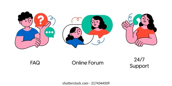Website menu bar abstract concept vector illustration set. FAQ, Online forum, Support. Visual stories collection