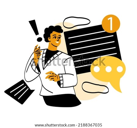 Website menu bar concept. Contact us or send message. Male character receives notification and communicates with customers. Landing page section. Cartoon flat vector illustration in doodle style