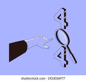 website message through magnifying glass and question marks. Concept of error 404, page not found, online service notification. Modern flat colorful vector illustration for banner.