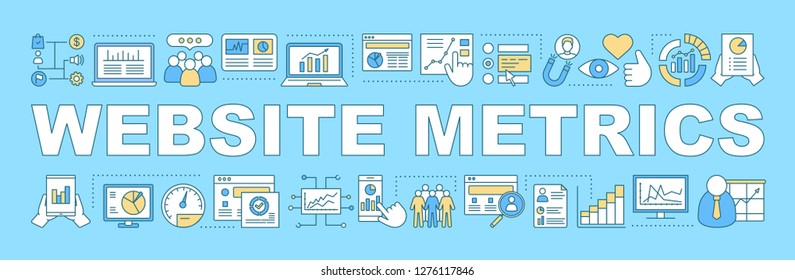 Website metrics, tools word concepts banner. Presentation. SEO, SMM monitoring. Customer retention. Website traffic. Isolated lettering typography idea with linear icons. Vector outline illustration