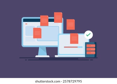 Website migration, Changing hosting and servers, Updating website hosting technology, Website backup - vector illustration background with icons