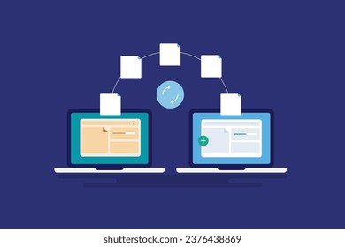 Migración de sitios web, servicio de hospedaje de sitios web, transferencia de archivos en línea, cambio de ubicación del sitio web, plataforma, estructura y diseño - fondo de ilustración vectorial con iconos