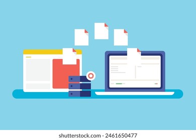 Migración de Sitio web, Transferencia de base de datos de Sitio web a la nueva ubicación del servidor, Transferencia de datos de Sitio web a través de software FTP - Anuncio de Ilustración vectorial con iconos