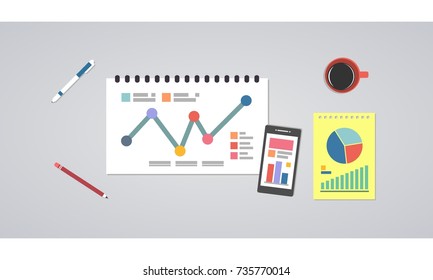 Website and Mobile Analytics Concept for Website Banner and Landing Page in Flat Design Vector Illustration, Isolated on grey background phone, coffee, notes, pencil, pen