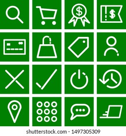 Website mobile app e-commerce software icon set. Buttons. Widgets. Tiles. Shortcuts. Flat material design. Outline illustration. Online store signs. coupon. delivery. cash. address. sale. discounts.