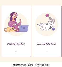 Website or mobile app landing page of Happy people with their pets.Girl with cute cat and laptop at home