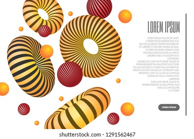 Website or mobile app landing page with illustration of 3d abstract shapes and torus. Minimal geometric background. 