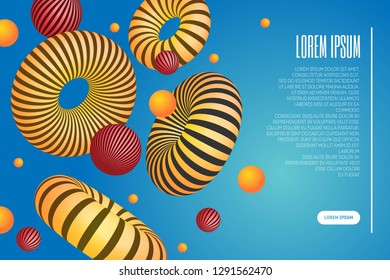 Website or mobile app landing page with illustration of 3d abstract shapes and torus. Minimal geometric background. 